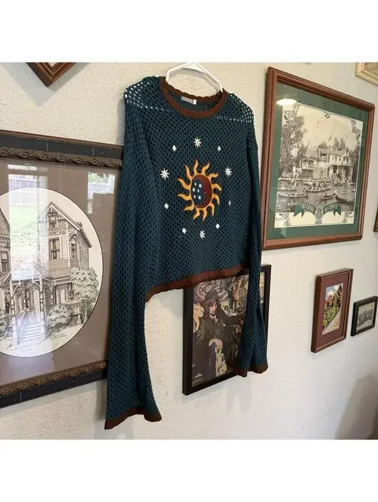 Earthbound Trading Celestial Open Knit Sweater Green Large Hippie Boho Cropped - Picture 2 of 6